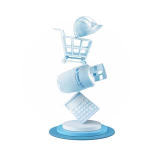 Hardhat, shopping cart, gas tank, and waste basket falling onto a button