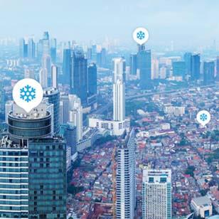City view with Cold Air icons above buildings